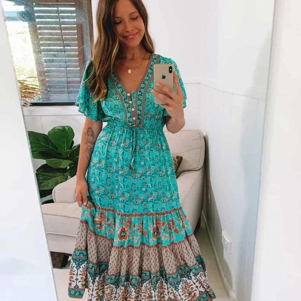 Boho Mint green floral print v neck button ruffle midi dress - Picture 5 of 6